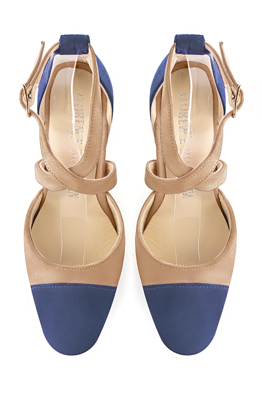 Prussian blue and biscuit beige women's open side shoes, with crossed straps. Round toe. High slim heel. Top view - Florence KOOIJMAN